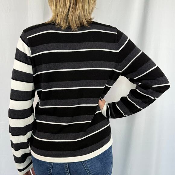 Vintage Liz Claiborne Black and White Striped V-Neck Sweater Large - Picture 2 of 8